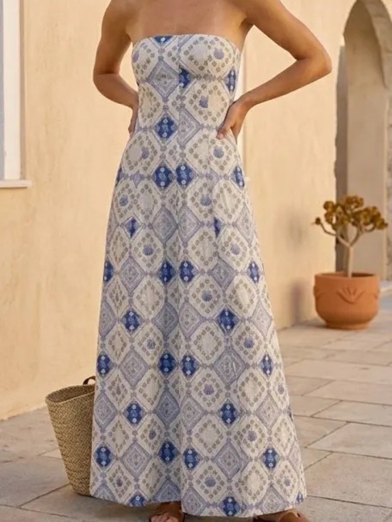 7 For All Mankind Dresses & Skirts - 7 For All Mankind Strapless Maxi Dress-Blue & Cream Geometric/Shell Print-Small